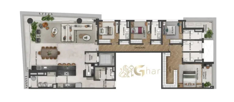 Planta de apartamento 4 suítes com cozinha aberta de 261 m² no Lindenberg Vista Brooklin