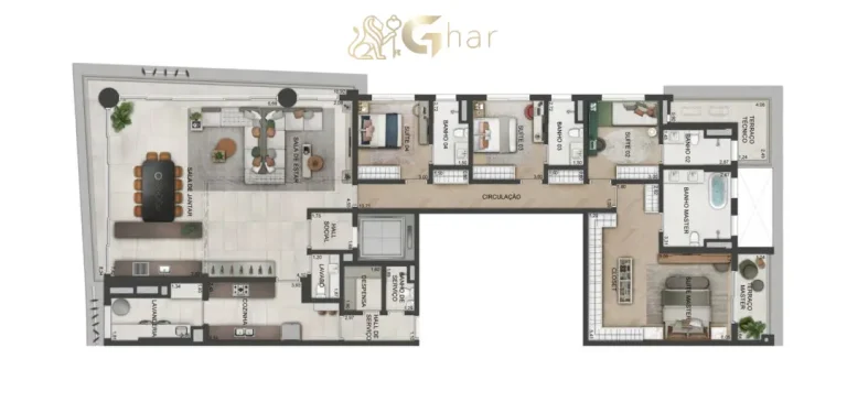 Planta de apartamento 4 suítes com cozinha fechada de 261 m² no Lindenberg Vista Brooklin