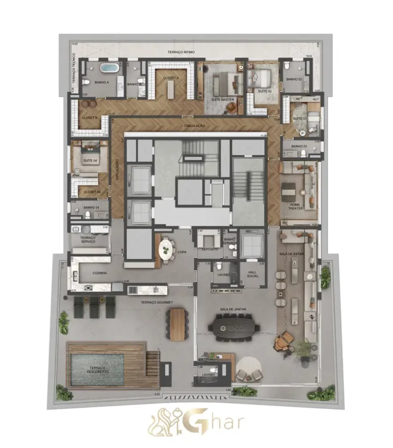 Planta da penthouse de 520 m² do Lindenberg Vista Brooklin com layout exclusivo