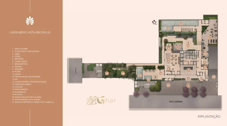 Planta de implantação do térreo do Lindenberg Vista Brooklin com áreas comuns e acessos