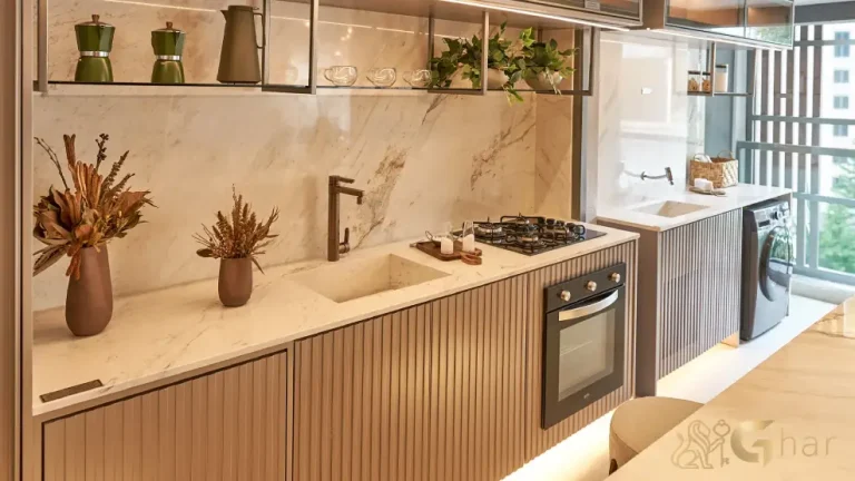 Cozinha e lavanderia integradas no apartamento decorado de 88 m² do MAC Campo Belo