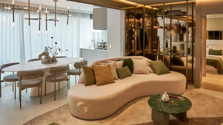 Living integrado ao terraço no apartamento decorado de 88 m² do MAC Campo Belo