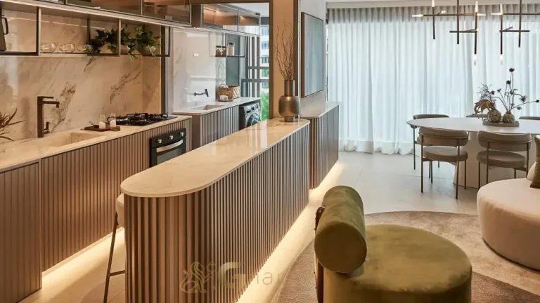 Sala e cozinha integradas no apartamento decorado de 88 m² do MAC Campo Belo