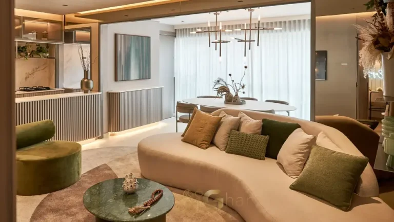 Sala integrada ao terraço no apartamento decorado de 88 m² do MAC Campo Belo