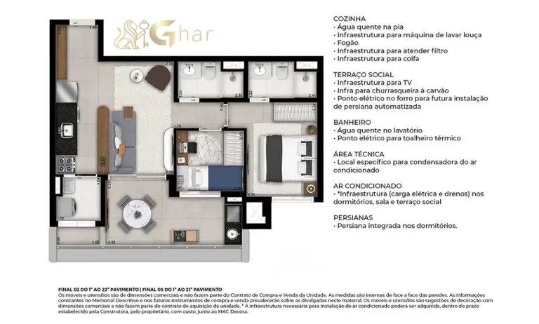 Planta do apartamento de 2 dormitórios com 1 suíte e 64 m² no MAC Campo Belo