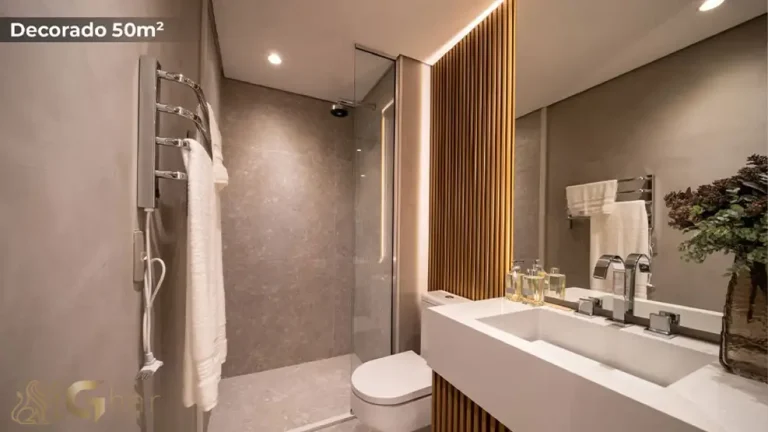 Banheiro do apartamento decorado de 50 m² no MAC Ibirapuera em Moema