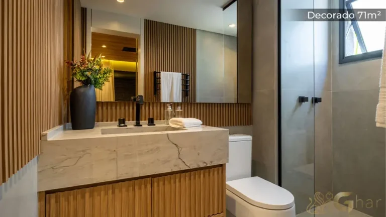 Banheiro do apartamento decorado de 71 m² no MAC Ibirapuera em Moema