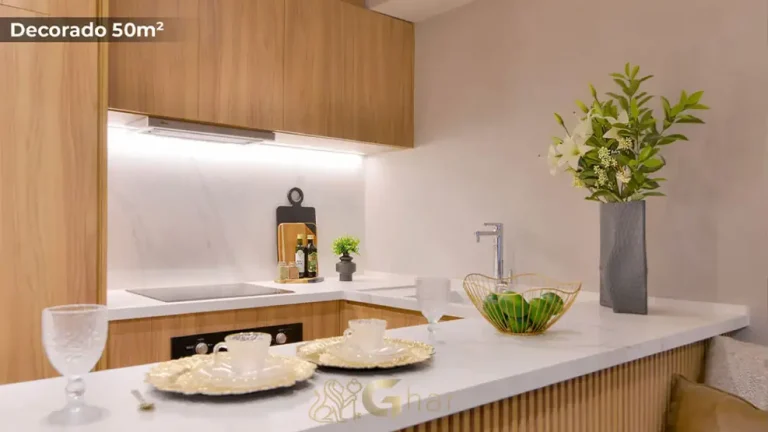 Cozinha do apartamento decorado de 50 m² no MAC Ibirapuera em Moema