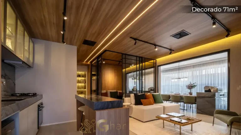 Cozinha aberta integrada à sala no apartamento decorado de 71 m² do MAC Ibirapuera