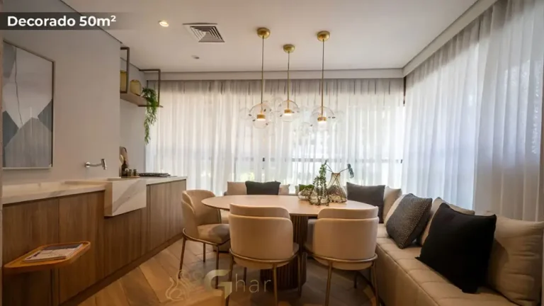 Living com cozinha aberta do apartamento decorado de 50 m² no MAC Ibirapuera