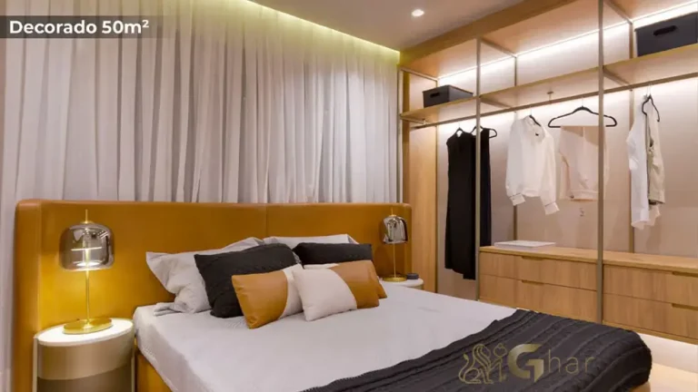 Dormitório do apartamento decorado de 50 m² no MAC Ibirapuera em Moema