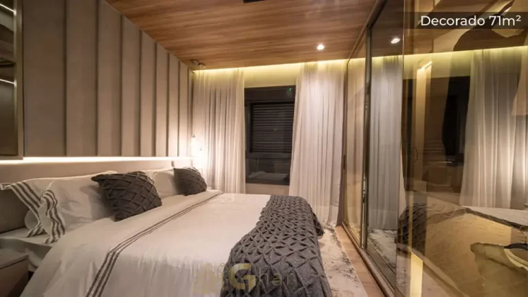 Dormitório do apartamento decorado de 71 m² no MAC Ibirapuera em Moema