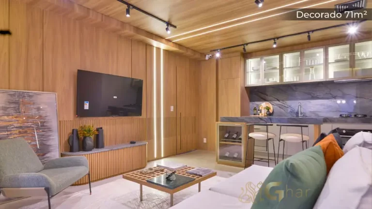Sala de estar do apartamento decorado de 71 m² no MAC Ibirapuera em Moema