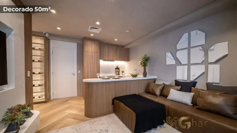 Sala de estar com cozinha aberta no apartamento decorado de 50 m² do MAC Ibirapuera