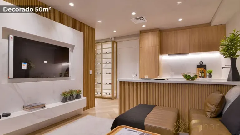 Sala de estar integrada à cozinha aberta no apartamento decorado de 50 m² no MAC Ibirapuera