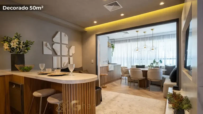 Sala integrada à varanda no apartamento decorado de 50 m² do MAC Ibirapuera