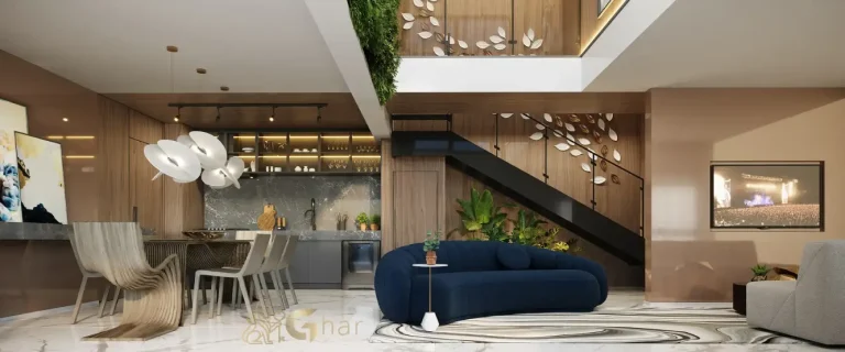 Living com cozinha e sala de jantar no apartamento duplex decorado do MAC Ibirapuera