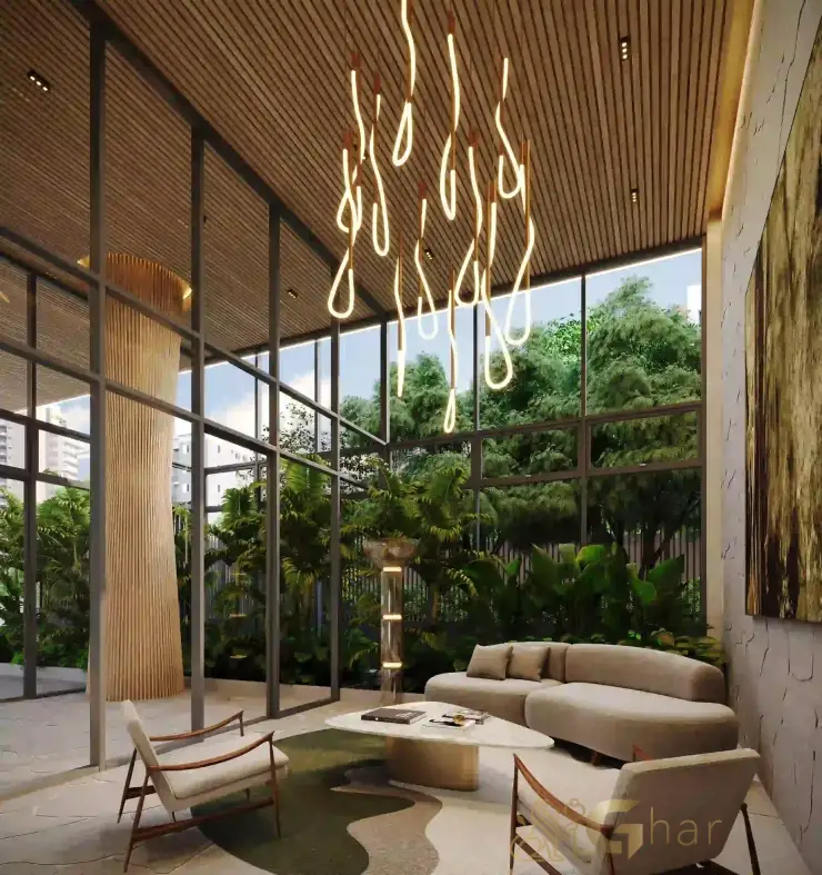 Lobby do MAC Ibirapuera em Moema com pé-direito duplo e design sofisticado