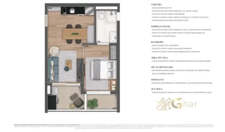 Planta do apartamento de 44 m² com 1 dormitório no MAC Ibirapuera em Moema
