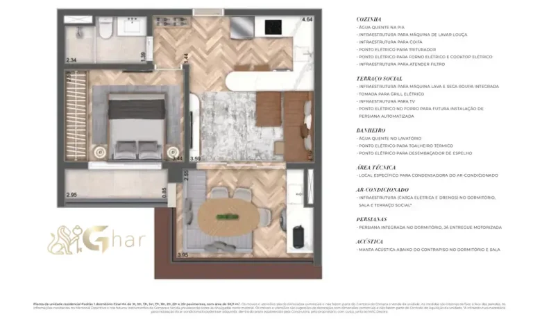 Planta do apartamento de 50 m² com 1 dormitório no MAC Ibirapuera em Moema