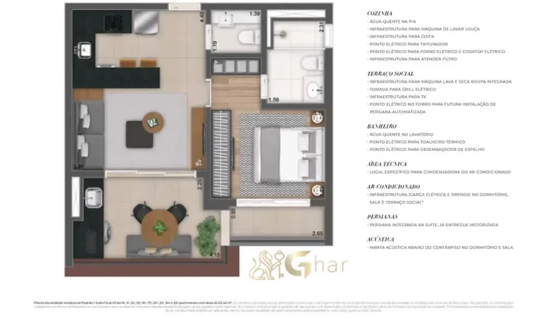 Planta do apartamento de 53 m² com 1 suíte no MAC Ibirapuera em Moema