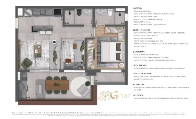 Planta do apartamento de 72 m² com 1 suíte no MAC Ibirapuera em Moema