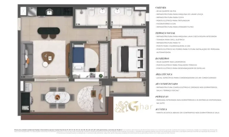 Planta do apartamento de 72 m² com 2 dormitórios e 1 suíte no MAC Ibirapuera
