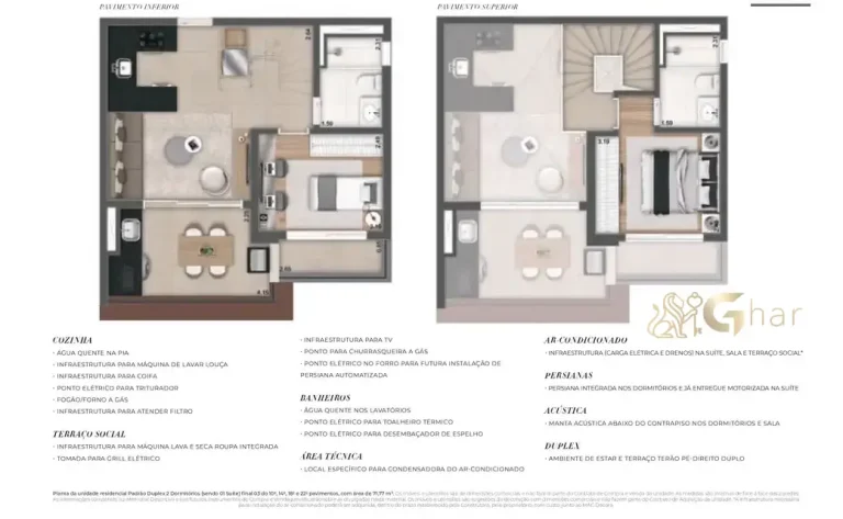 Planta do apartamento duplex de 71 m² com 2 dormitórios e 1 suíte no MAC Ibirapuera