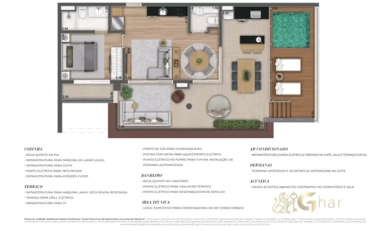 Planta da penthouse de 103 m² com 1 suíte no MAC Ibirapuera em Moema