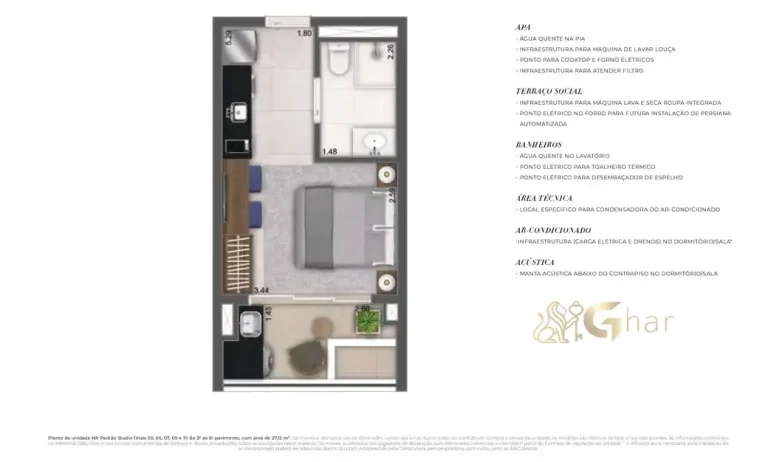 Planta do apartamento studio de 27 m² no MAC Ibirapuera em Moema