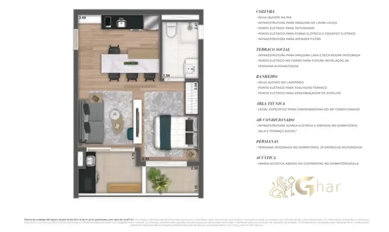 Planta do apartamento studio de 44 m² no MAC Ibirapuera em Moema