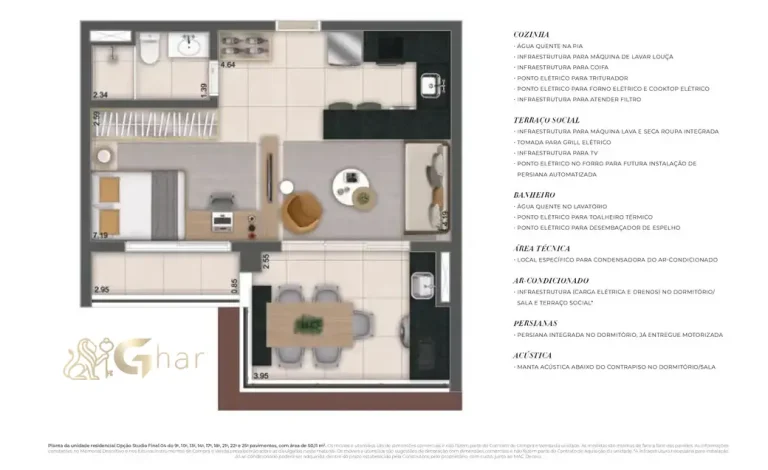 Planta do apartamento studio de 50 m² no MAC Ibirapuera em Moema