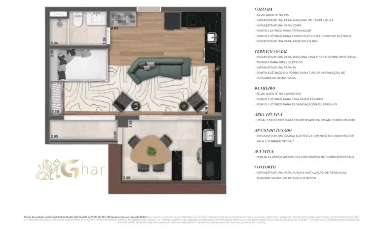 Planta do studio loft de 50 m² no MAC Ibirapuera em Moema