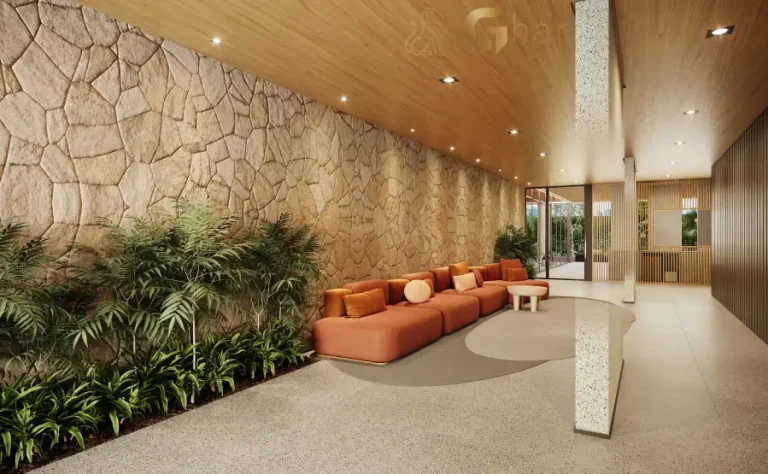 Lobby do MAC Pinheiros com pé-direito alto e design contemporâneo