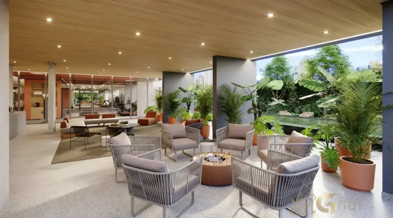 Lounge da piscina do MAC Pinheiros com ambiente moderno e integrado