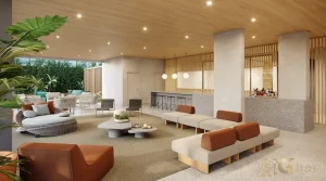 Área lounge da piscina do MAC Pinheiros com design sofisticado