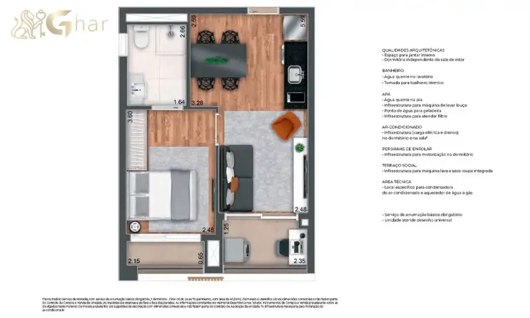 Planta de apartamento 1 dormitório de 40 m² no MAC Pinheiros