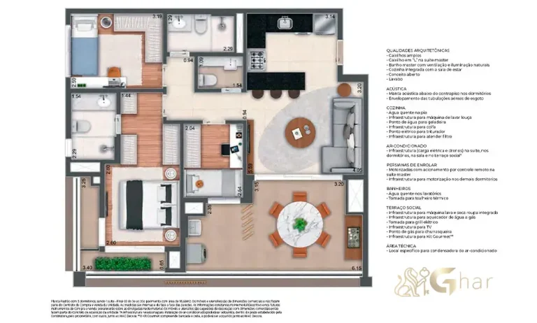 Planta alternativa do apartamento de 3 dormitórios com 1 suíte e 93 m² no MAC Pinheiros
