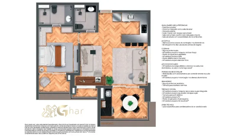 Planta do apartamento com 1 suíte e sala ampliada de 70 m² no MAC Pinheiros