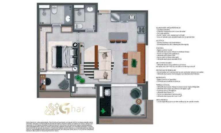 Planta alternativa do apartamento com 1 suíte e sala ampliada de 70 m² no MAC Pinheiros