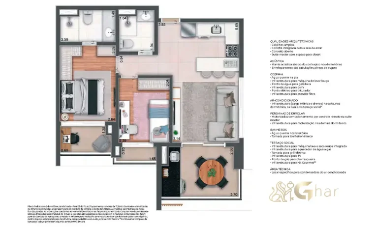 Planta do apartamento de 2 dormitórios com 1 suíte e 70 m² no MAC Pinheiros