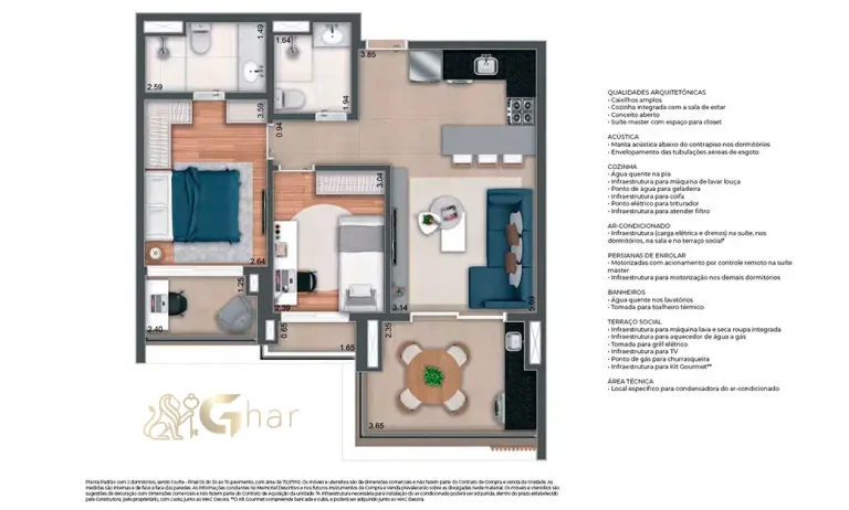 Planta alternativa do apartamento de 2 dormitórios com 1 suíte e 70 m² no MAC Pinheiros