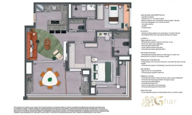 Planta do apartamento com 2 suítes e 94 m² no MAC Pinheiros