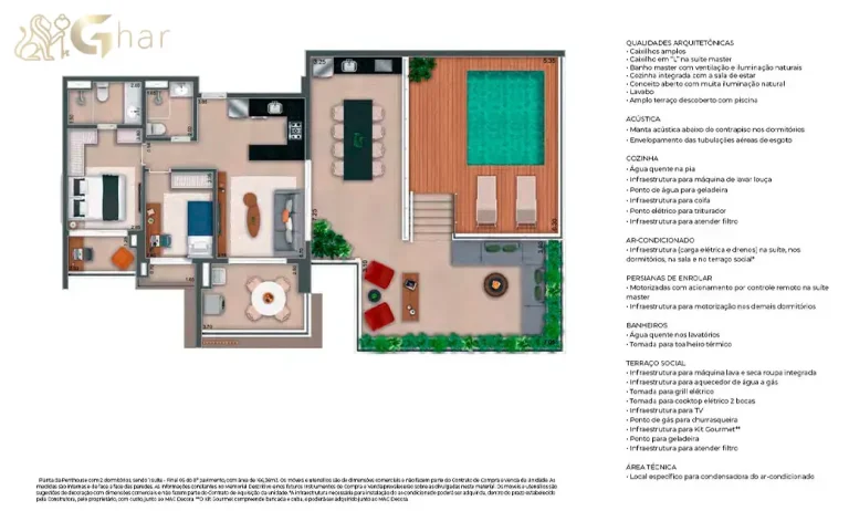 Planta da penthouse com 2 dormitórios e 1 suíte de 166 m² no MAC Pinheiros
