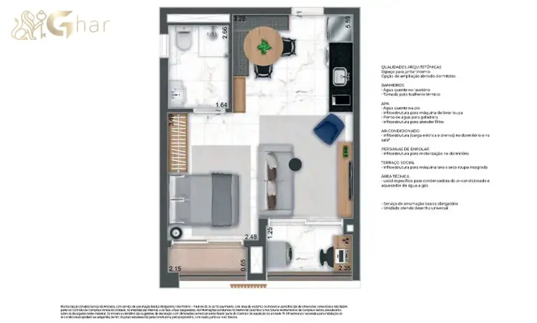 Planta de studio NR de 40 m² no MAC Pinheiros