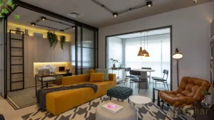 Living do apartamento decorado de 68 m² no Máden Vila Madalena