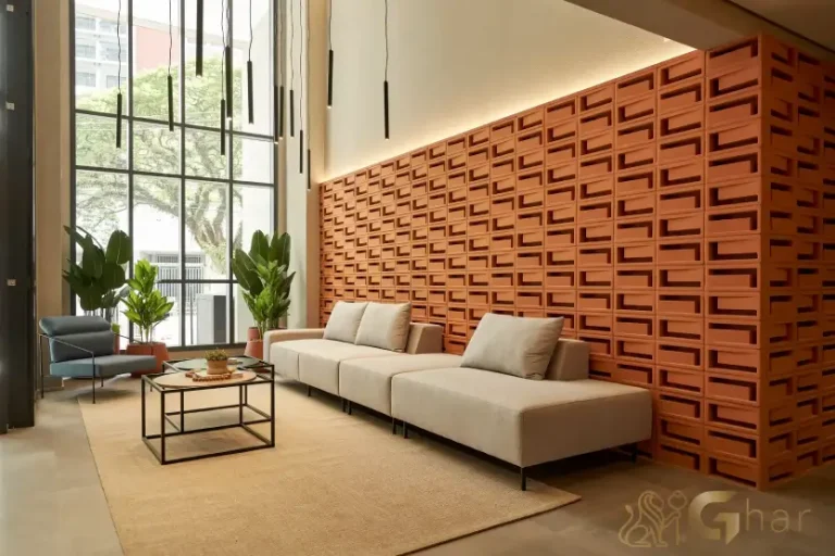 Hall social do condomínio Máden Vila Madalena com arquitetura contemporânea