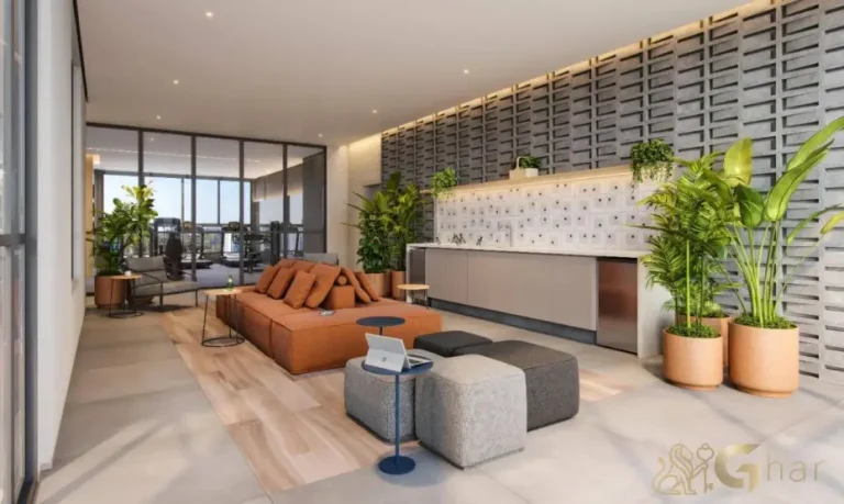 Lounge do condomínio Máden Vila Madalena com ambiente sofisticado e áreas de convivência