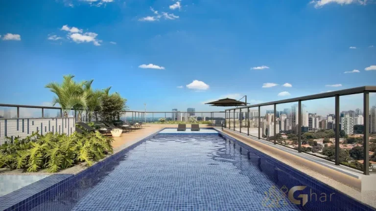 Piscina externa do condomínio Máden Vila Madalena com lazer elevado na Vila Madalena, São Paulo