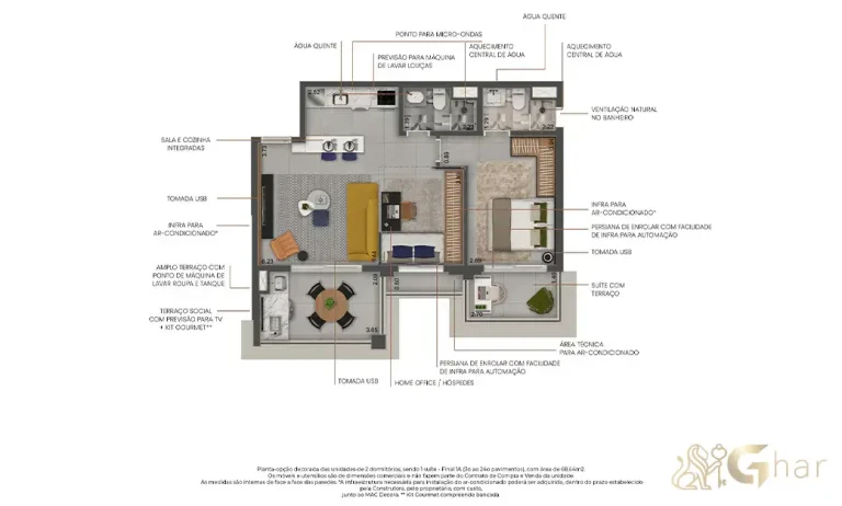 Planta do apartamento de 2 dormitórios com 1 suíte e 68 m² no Máden Vila Madalena